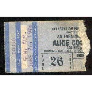 Vintage 1978 Alice Cooper Concert Ticket Stub Birmingham AL